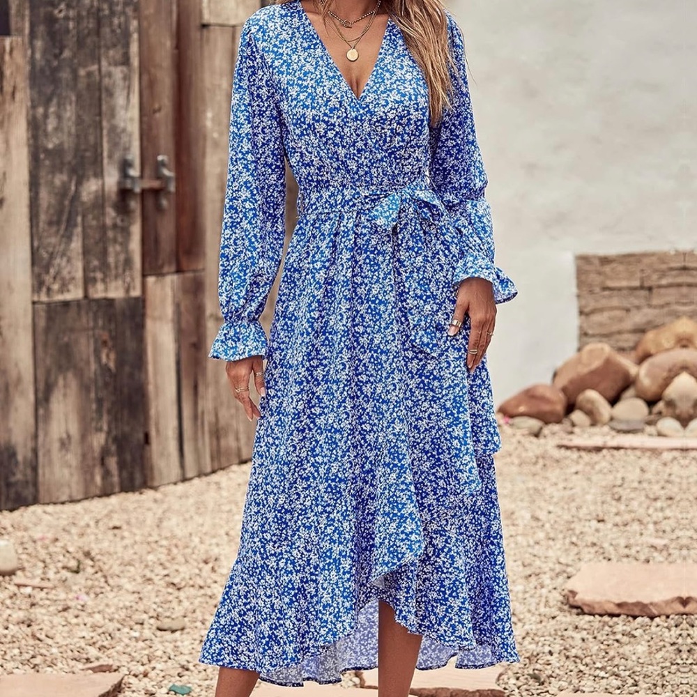 Floral blue flow wrap dress